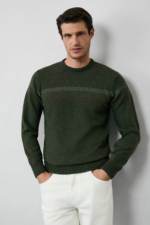Medium Khaki Crew Neck Wool Patterned Regular Fit Knit Sweater