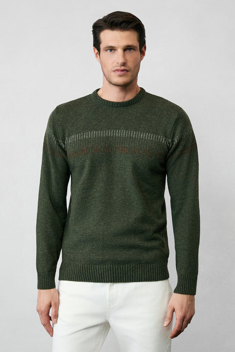 Medium Khaki Crew Neck Wool Patterned Regular Fit Knit Sweater