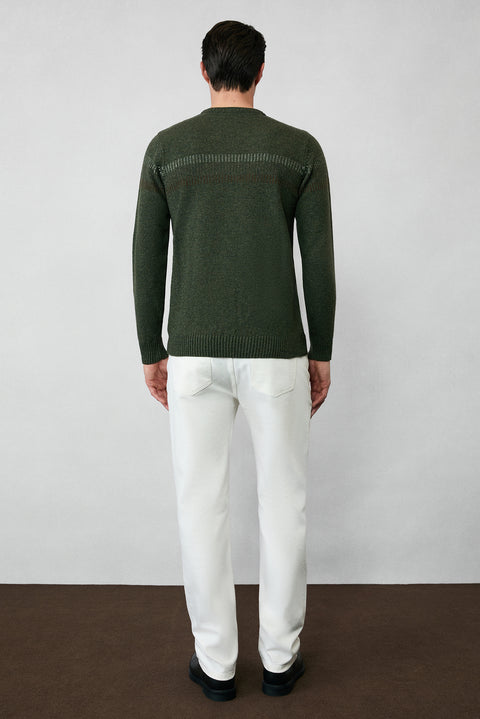 Medium Khaki Crew Neck Wool Patterned Regular Fit Knit Sweater