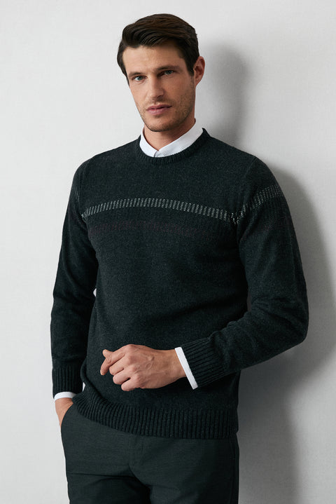Medium Anthracite Crew Neck Regular Fit Wool Patterned Knit Sweater