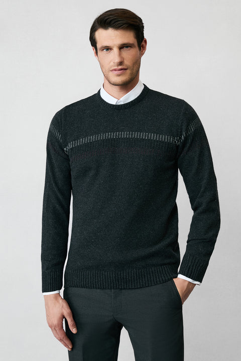 Medium Anthracite Crew Neck Regular Fit Wool Patterned Knit Sweater