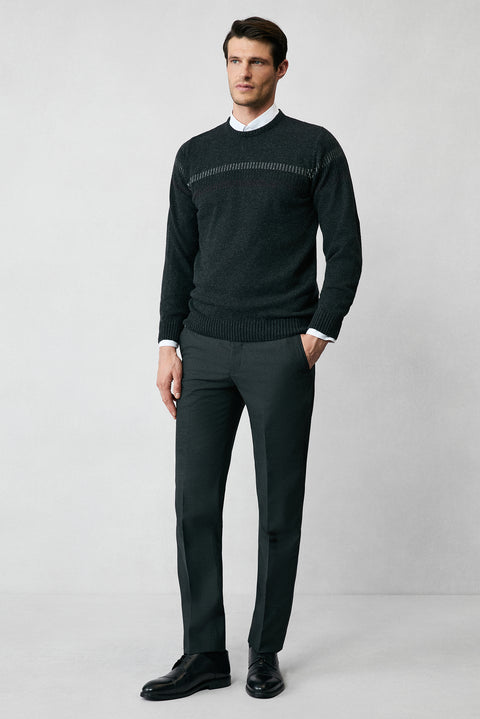 Medium Anthracite Crew Neck Regular Fit Wool Patterned Knit Sweater
