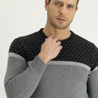 Light Grey Melange Crew Neck Wool Patterned Cotton Knit Sweater