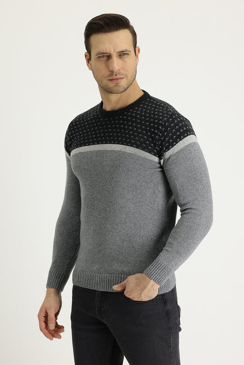 Light Grey Melange Crew Neck Wool Patterned Cotton Knit Sweater