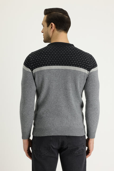 Light Grey Melange Crew Neck Wool Patterned Cotton Knit Sweater