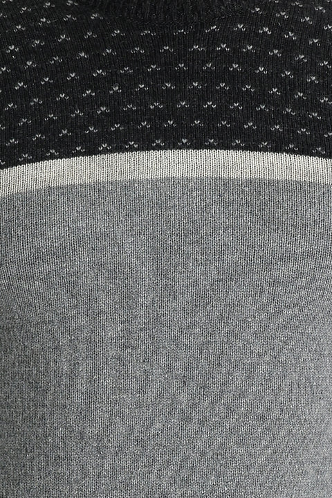 Light Grey Melange Crew Neck Wool Patterned Cotton Knit Sweater