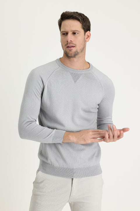 Light Grey Crew Neck Regular Fit Patterned Cotton Knit Sweater