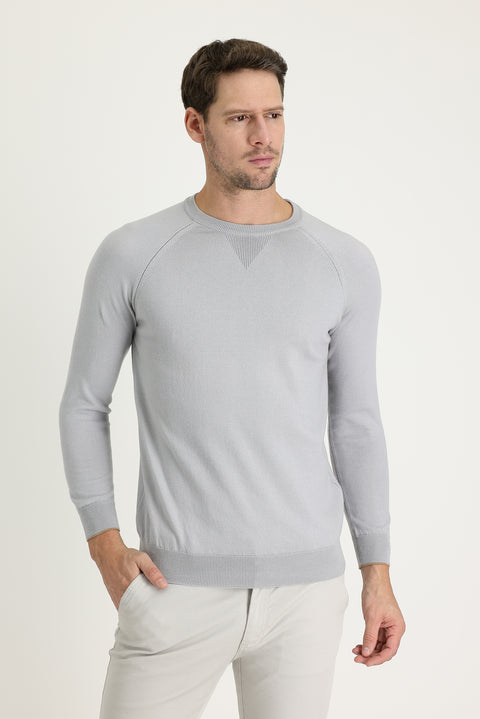 Light Grey Crew Neck Regular Fit Patterned Cotton Knit Sweater
