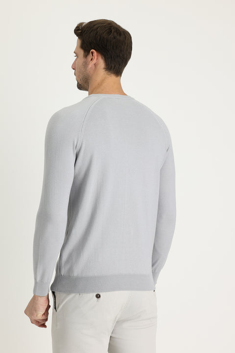 Light Grey Crew Neck Regular Fit Patterned Cotton Knit Sweater
