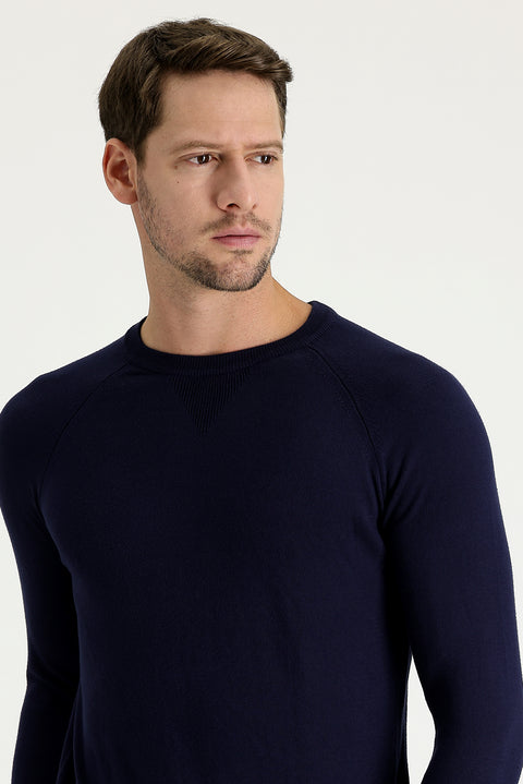 Dark Navy Crew Neck Regular Fit Patterned Cotton Knit Sweater