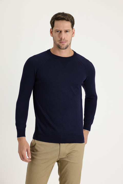Dark Navy Crew Neck Regular Fit Patterned Cotton Knit Sweater