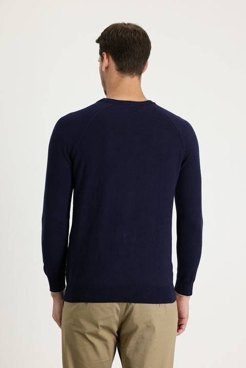 Dark Navy Crew Neck Regular Fit Patterned Cotton Knit Sweater