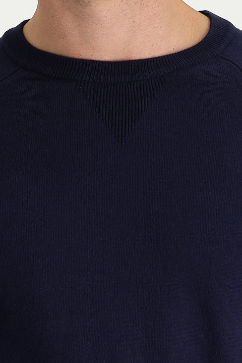 Dark Navy Crew Neck Regular Fit Patterned Cotton Knit Sweater