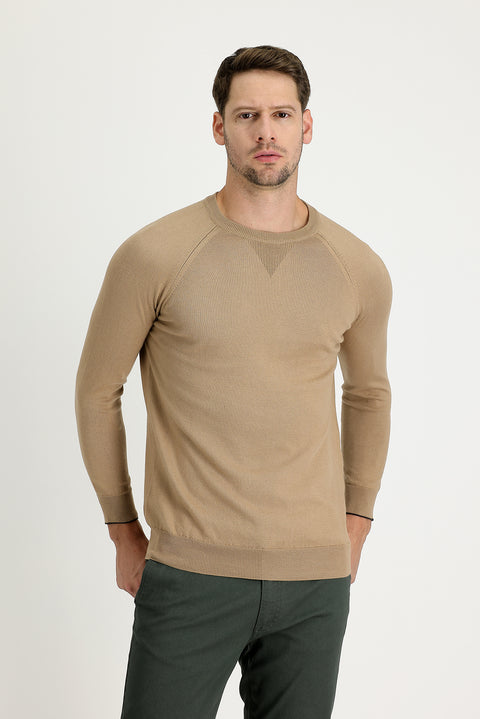 Dark Beige Crew Neck Regular Fit Patterned Cotton Knit Sweater