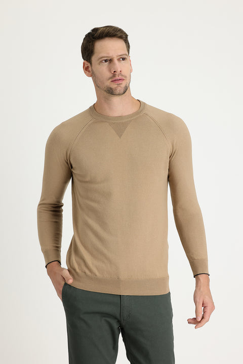 Dark Beige Crew Neck Regular Fit Patterned Cotton Knit Sweater