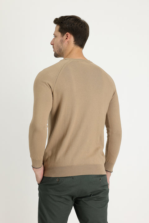 Dark Beige Crew Neck Regular Fit Patterned Cotton Knit Sweater