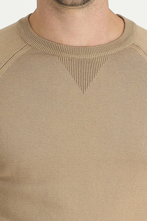 Dark Beige Crew Neck Regular Fit Patterned Cotton Knit Sweater