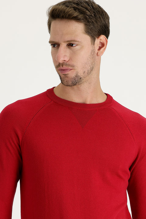 Dark Red Crew Neck Regular Fit Patterned Cotton Knit Sweater