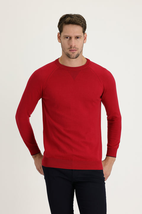 Dark Red Crew Neck Regular Fit Patterned Cotton Knit Sweater