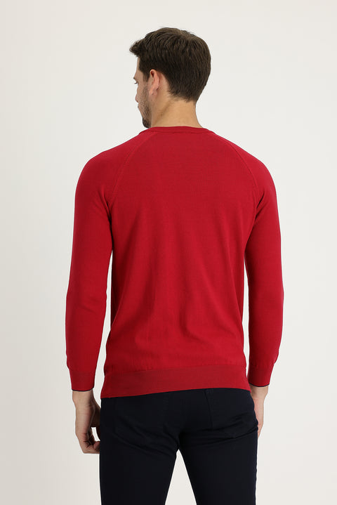 Dark Red Crew Neck Regular Fit Patterned Cotton Knit Sweater