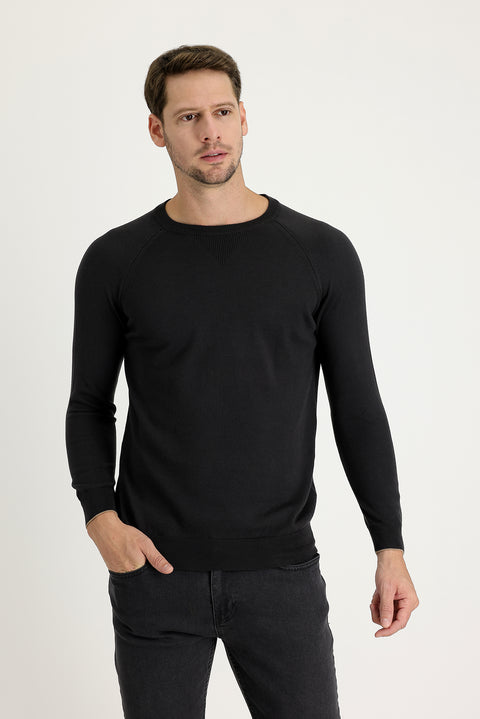 Medium Anthracite Crew Neck Regular Fit Patterned Cotton Knit Sweater