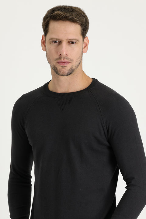 Medium Anthracite Crew Neck Regular Fit Patterned Cotton Knit Sweater