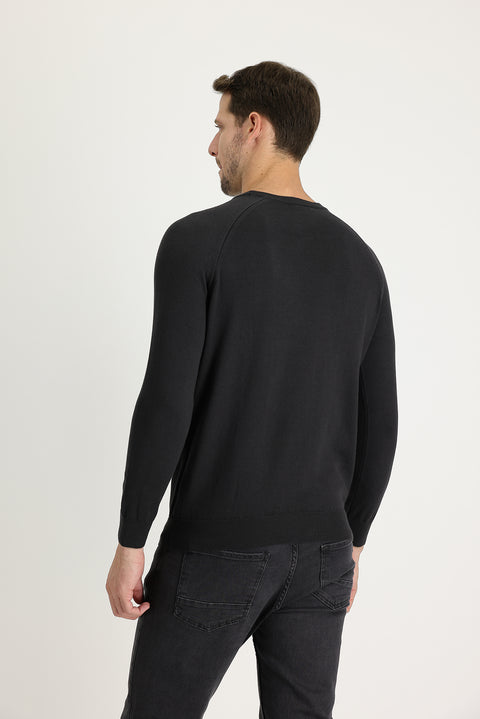 Medium Anthracite Crew Neck Regular Fit Patterned Cotton Knit Sweater