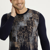 Dark Navy Crew Neck Slim Fit Narrow Cut Patterned Knit Sweater