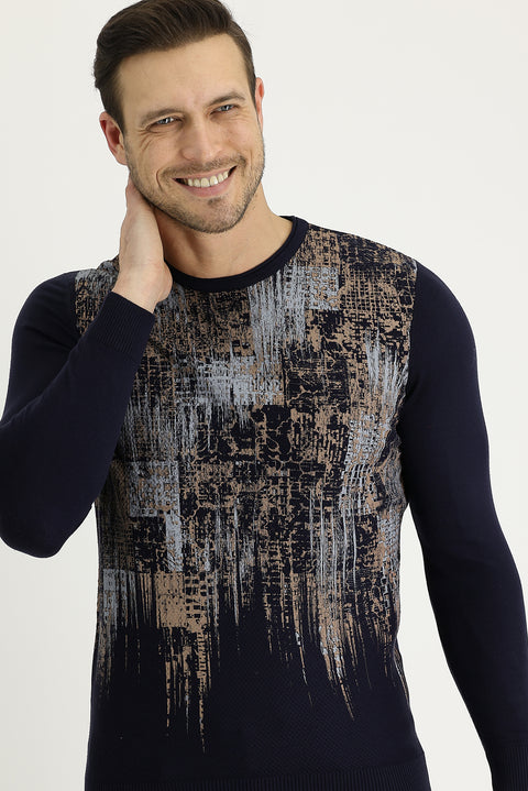 Dark Navy Crew Neck Slim Fit Narrow Cut Patterned Knit Sweater
