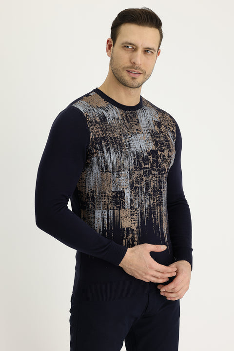 Dark Navy Crew Neck Slim Fit Narrow Cut Patterned Knit Sweater