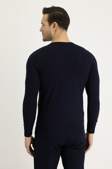 Dark Navy Crew Neck Slim Fit Narrow Cut Patterned Knit Sweater