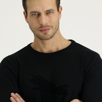 Black Crew Neck Slim Fit Narrow Cut Patterned Cotton Knit Sweater