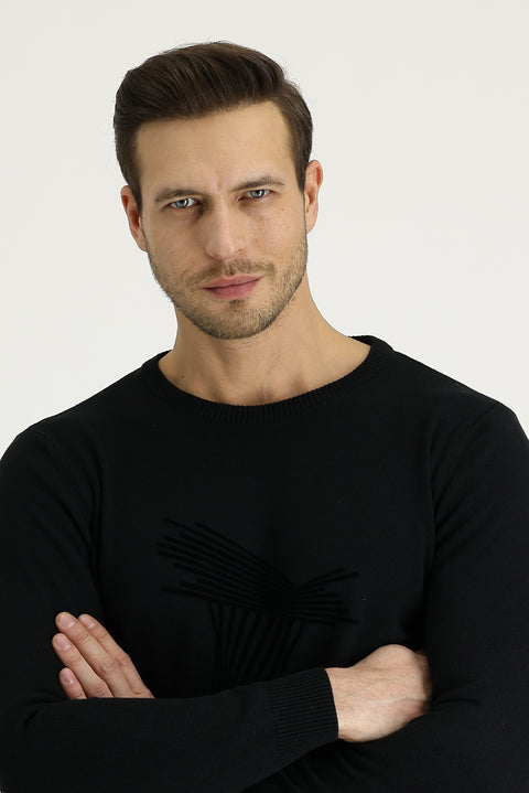 Black Crew Neck Slim Fit Narrow Cut Patterned Cotton Knit Sweater