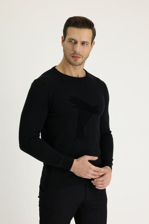 Black Crew Neck Slim Fit Narrow Cut Patterned Cotton Knit Sweater