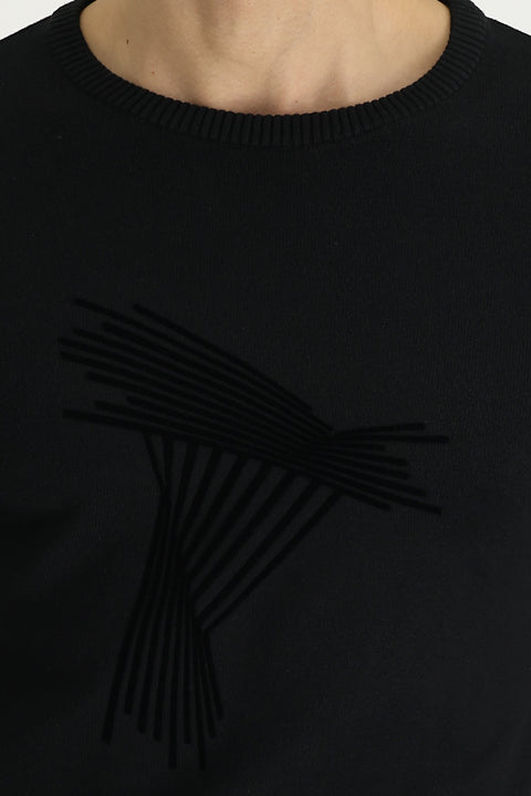 Black Crew Neck Slim Fit Narrow Cut Patterned Cotton Knit Sweater