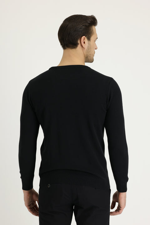 Black Crew Neck Slim Fit Narrow Cut Patterned Cotton Knit Sweater