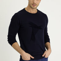 Dark Navy Crew Neck Slim Fit Narrow Cut Patterned Knit Sweater