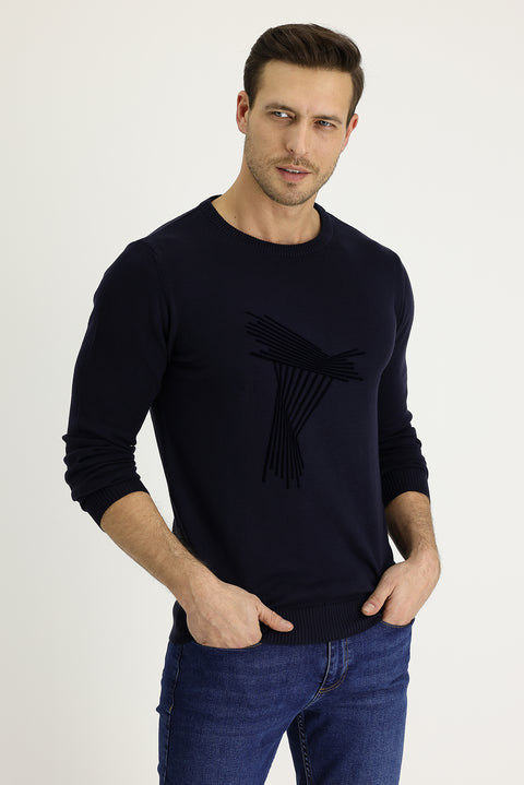 Dark Navy Crew Neck Slim Fit Narrow Cut Patterned Knit Sweater