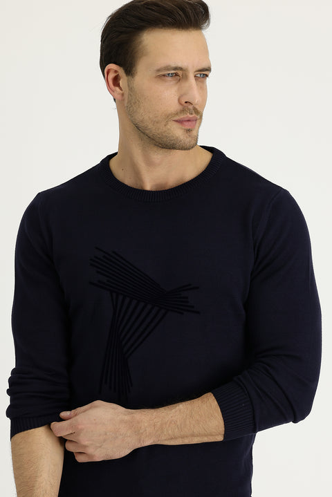 Dark Navy Crew Neck Slim Fit Narrow Cut Patterned Knit Sweater