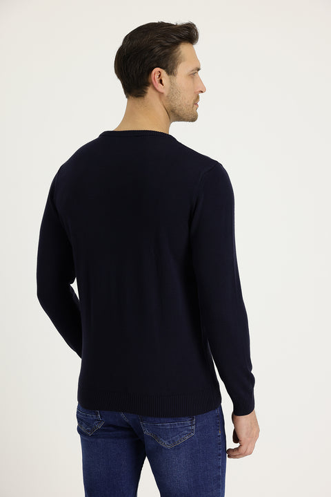 Dark Navy Crew Neck Slim Fit Narrow Cut Patterned Knit Sweater