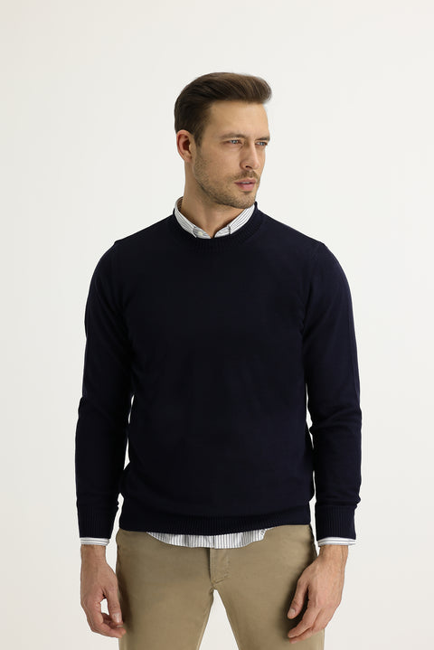 Dark Navy Crew Neck Slim Fit Narrow Cut Knit Sweater