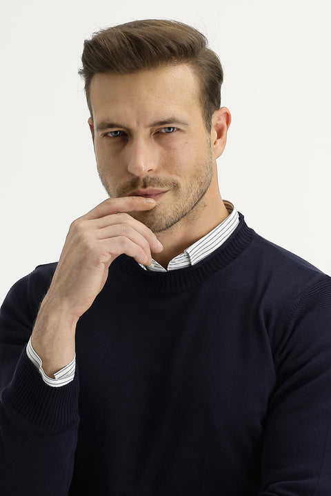 Dark Navy Crew Neck Slim Fit Narrow Cut Knit Sweater