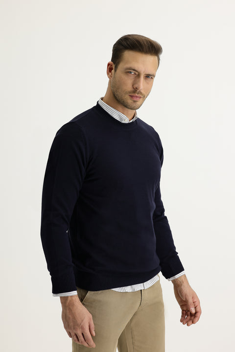 Dark Navy Crew Neck Slim Fit Narrow Cut Knit Sweater