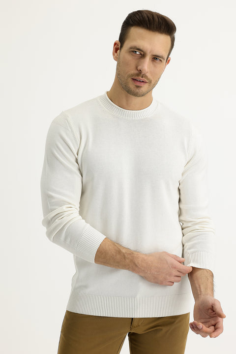 Ekru Bisiklet Yaka Slim Fit Dar Kesim Triko Kazak