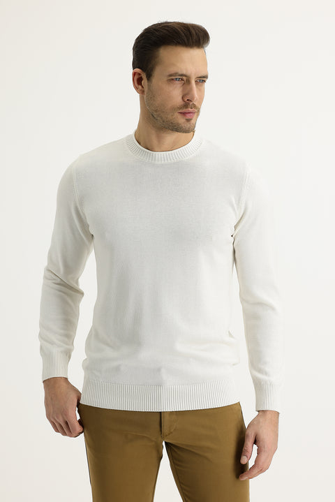 Ekru Bisiklet Yaka Slim Fit Dar Kesim Triko Kazak
