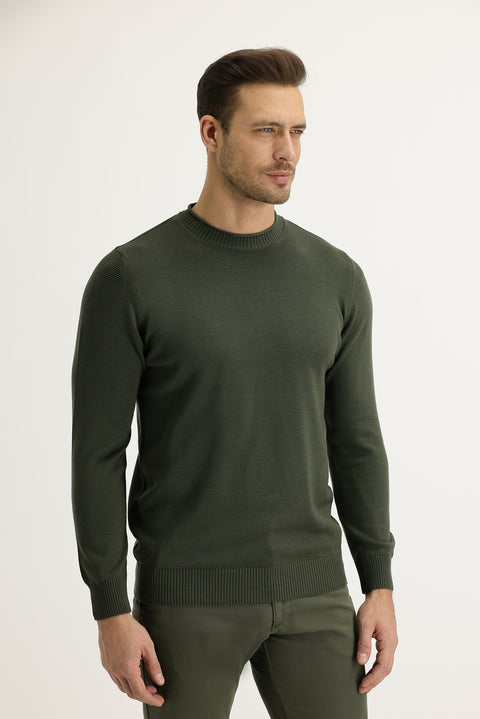 Asker Haki Bisiklet Yaka Slim Fit Dar Kesim Triko Kazak