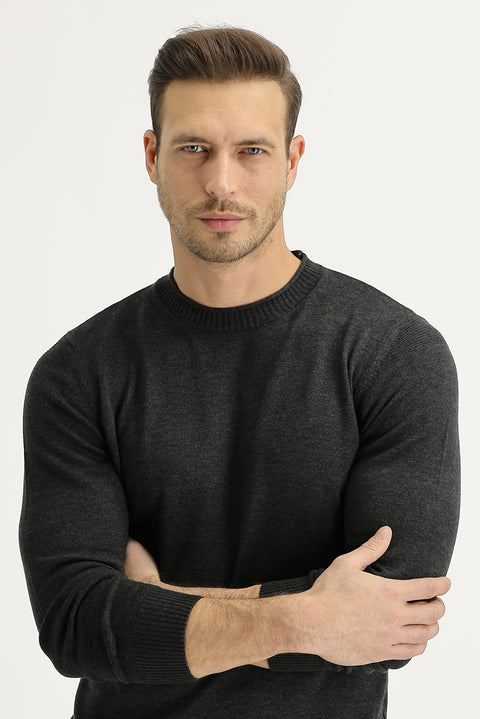 Dark Anthracite Crew Neck Slim Fit Narrow Cut Knit Sweater
