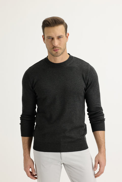 Dark Anthracite Crew Neck Slim Fit Narrow Cut Knit Sweater
