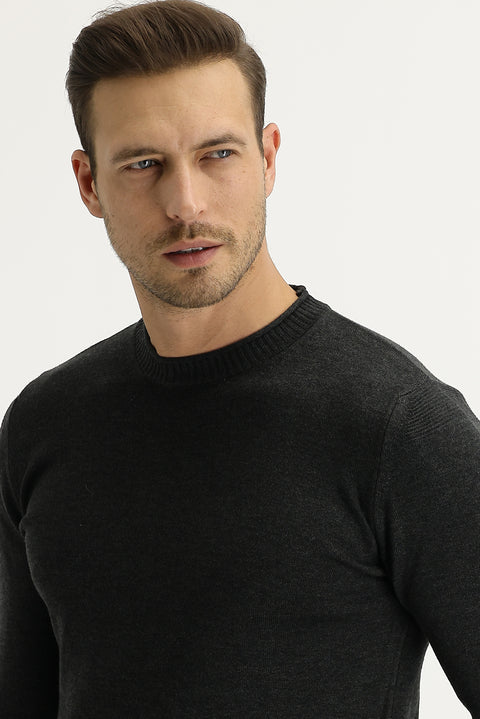 Dark Anthracite Crew Neck Slim Fit Narrow Cut Knit Sweater