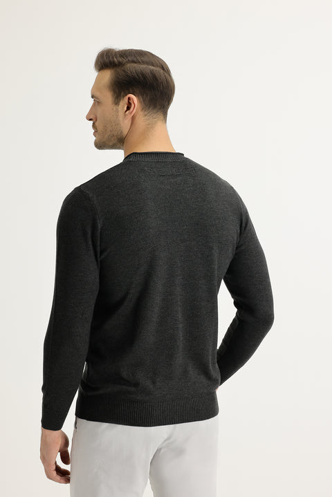 Dark Anthracite Crew Neck Slim Fit Narrow Cut Knit Sweater